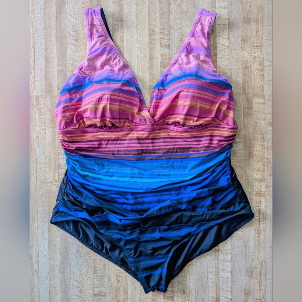 Embrace Your Curves Vanessa One Piece Swimsuit 3X Multicolor Ruched V Neck